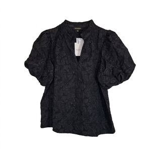 NWT Sugarlips Black Floral Jacquard Puff Bubble Sleeve Blouse Ruffle Neck Size L